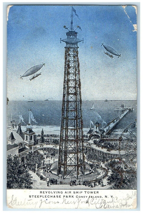 1906 Revolving Air Ship Tower Steeplechase Park Coney Island New York Postcard