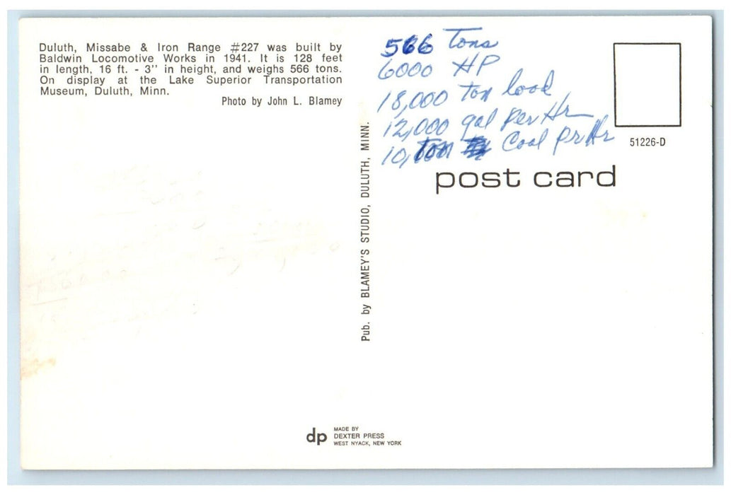 Duluth Missabe & Iron Range #227 Baldwin Locomotive Transportation Postcard