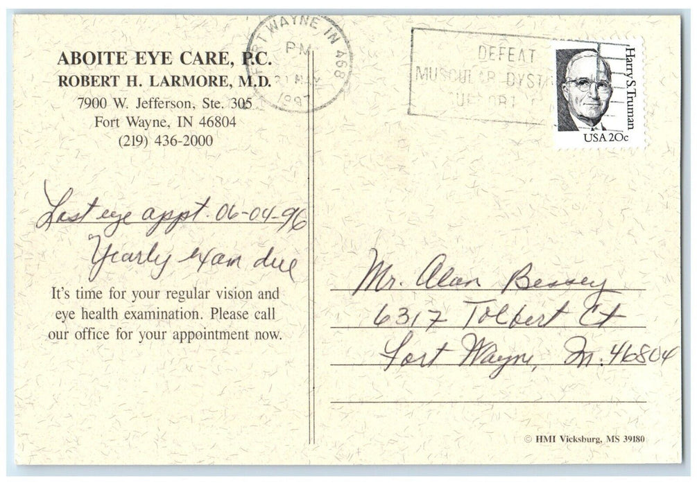 1997 Aboite Eye Care Check Up Robert H Larmore MD Fort Wayne Indiana IN Postcard
