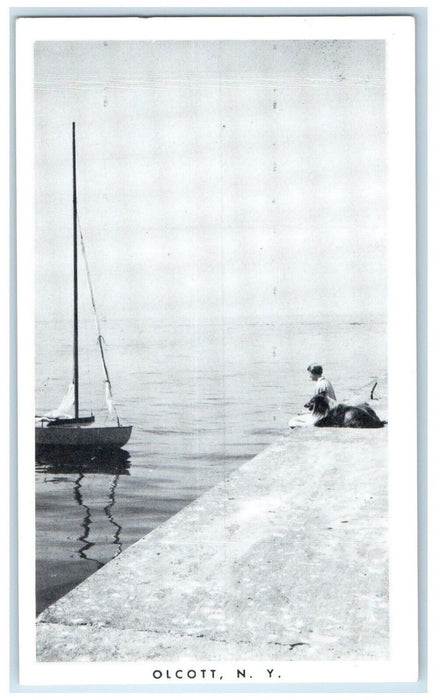 c1910's Sea View Man And Collie Dog Boat Olcott New York NY Antique Postcard