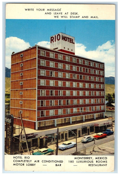 c1950's Hotel Rio Motor Lobby Bar Restaurant Monterrey Mexico Postcard