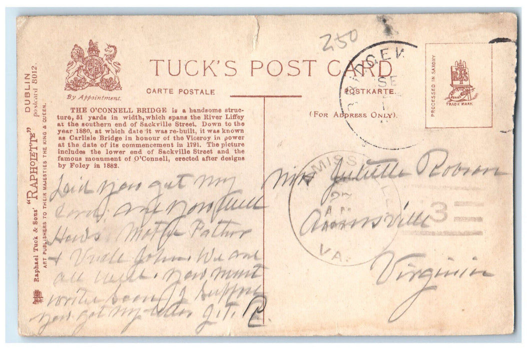 c1910 O'Connell Bridge Sackville St. Dublin Ireland Rapholette Tuck Art Postcard