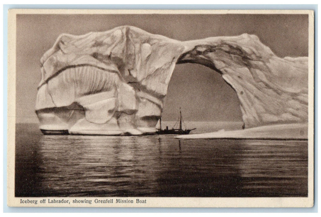 c1940's Iceberg off Labrador Showing Grenfell Mission Boat Unposted Postcard
