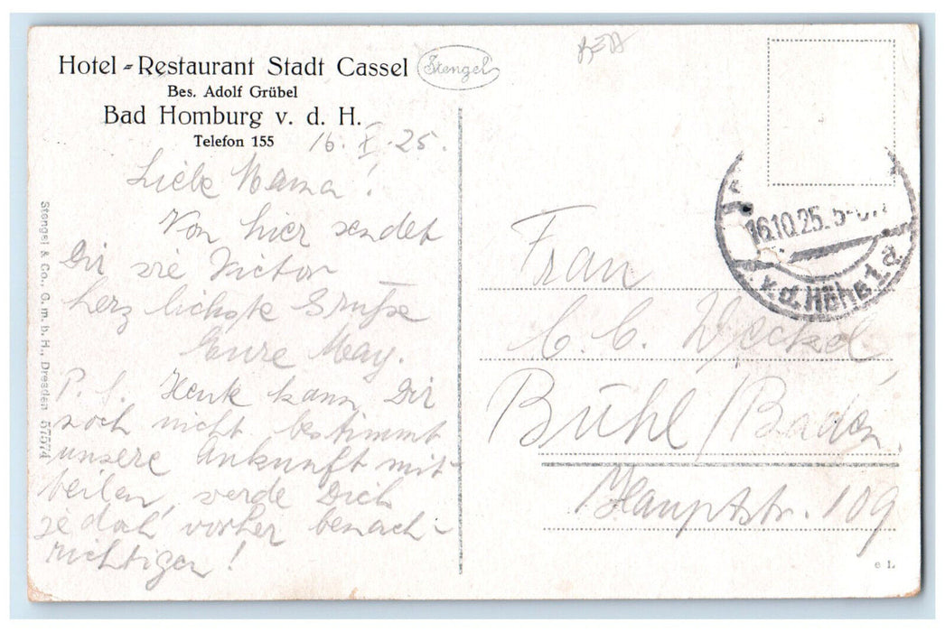 1925 Bad Homburg vor de Hohe Castle Hotel Restau. Stadt Cassel Germany Postcard