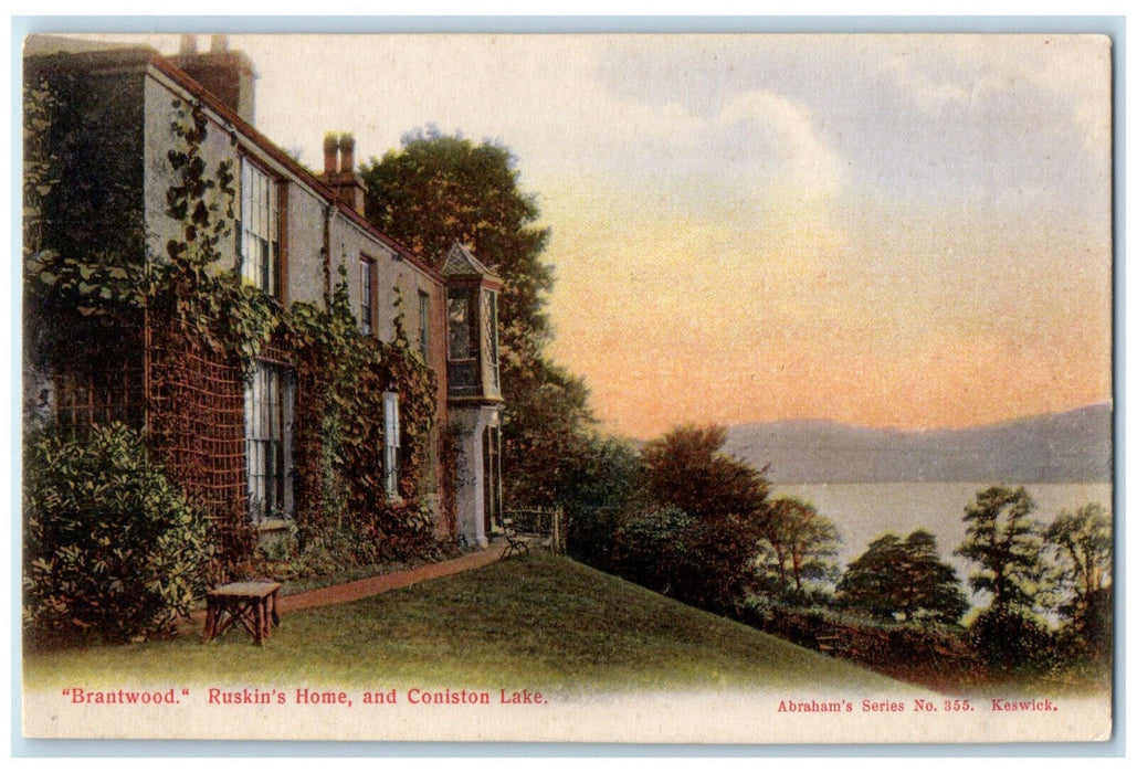 c1910 "Brantwood" Ruskin's Home and Coniston Lake England Antique Postcard