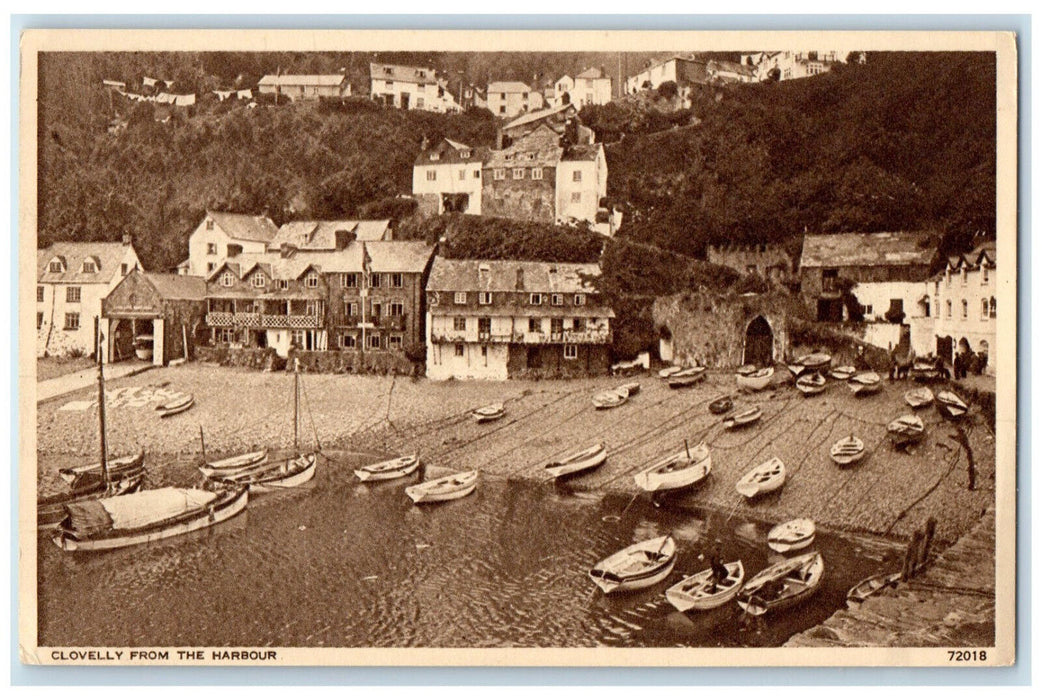 c1940's Boat Scene Clovelly From The Harbour Devon England Vintage Postcard