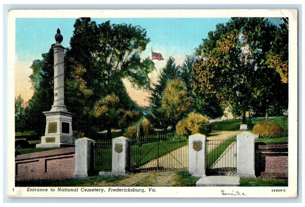 1938 Entrance To National Cemetery Fredericksburg Virginia VA Vintage Postcard