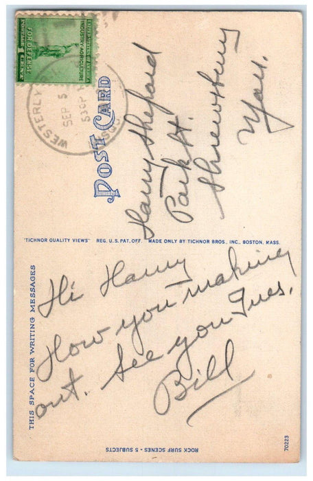 1942 Booming Surf On The Rugged Coast Misquamicut Rhode Island RI Postcard
