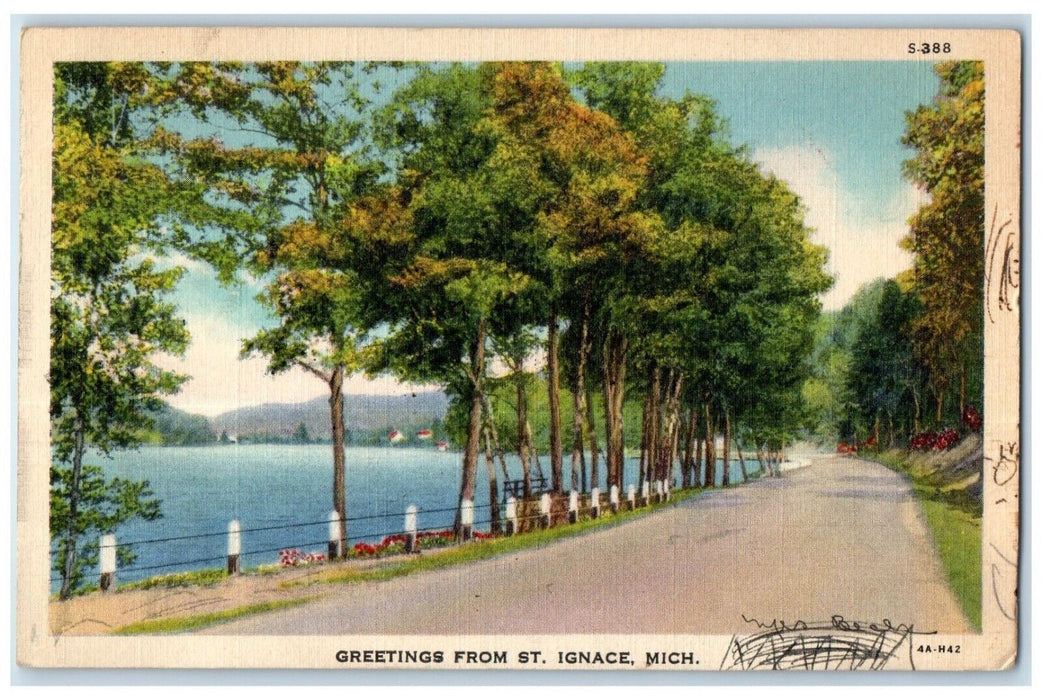 1937 Greetings From St. Ignace Michigan MI, Road And Lake View Vintage Postcard