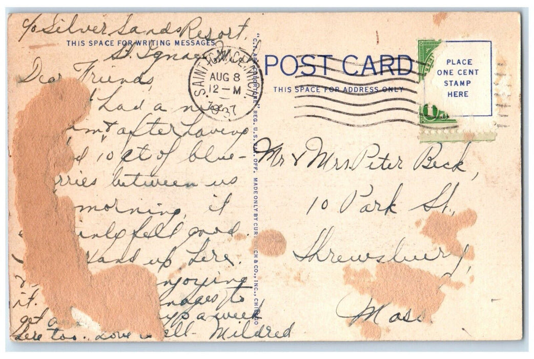 1937 Greetings From St. Ignace Michigan MI, Road And Lake View Vintage Postcard