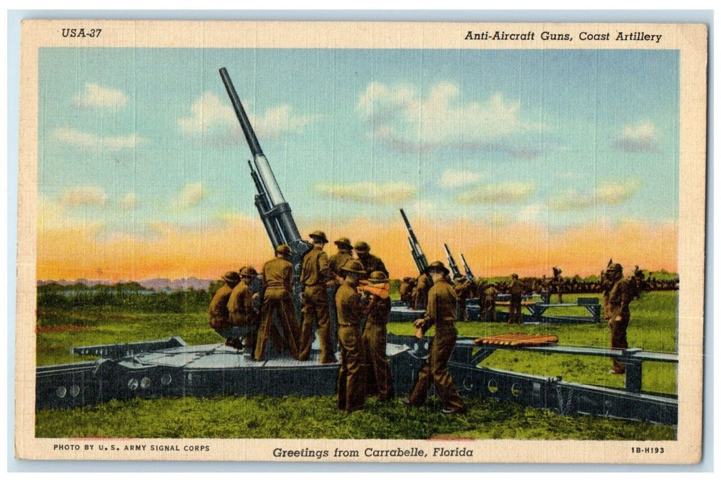 1943 Greetings From Carrabelle FL, Anti Aircraft Guns Coast Artillery Postcard