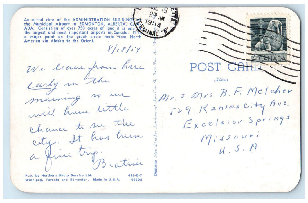 1954 Aerial View of Administration Building Edmonton Alberta Canada Postcard