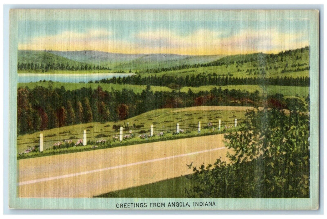 c1930's Greetings From Angola Indiana IN, Road View Unposted Vintage Postcard