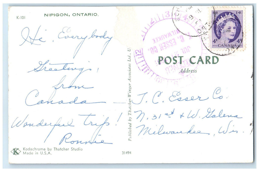 c1950's Letter of Greetings Nipigon Ontario Canada Posted Vintage Postcard