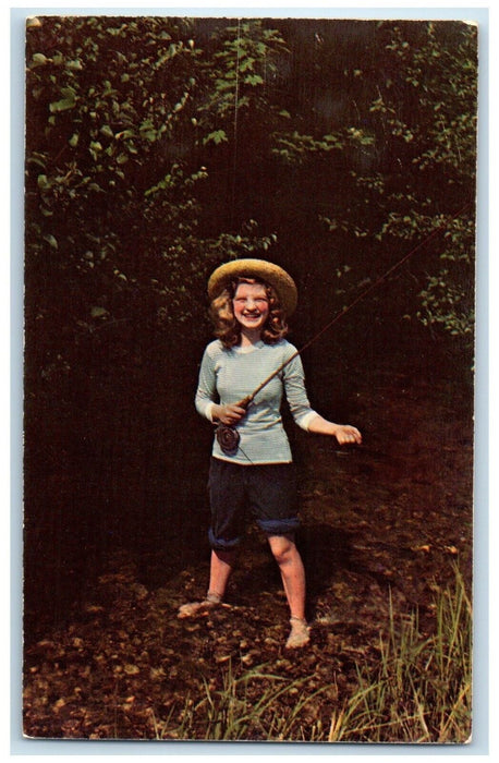 Greetings From Paw Paw MI, Girl Fishing In Michigan Trout Stream Postcard