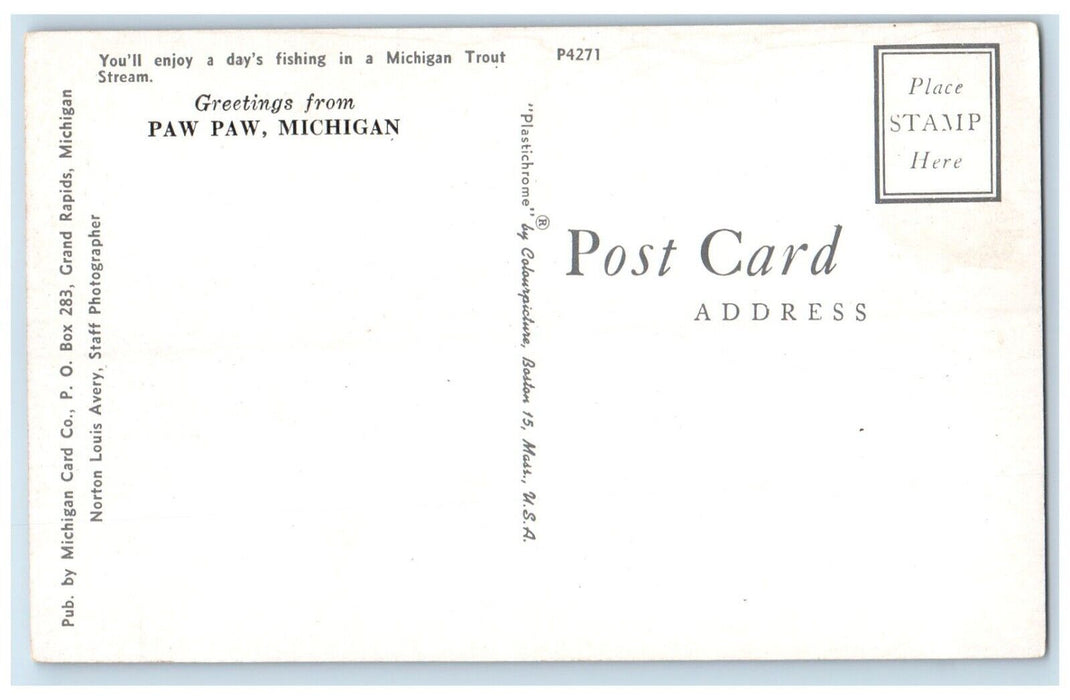 Greetings From Paw Paw MI, Girl Fishing In Michigan Trout Stream Postcard