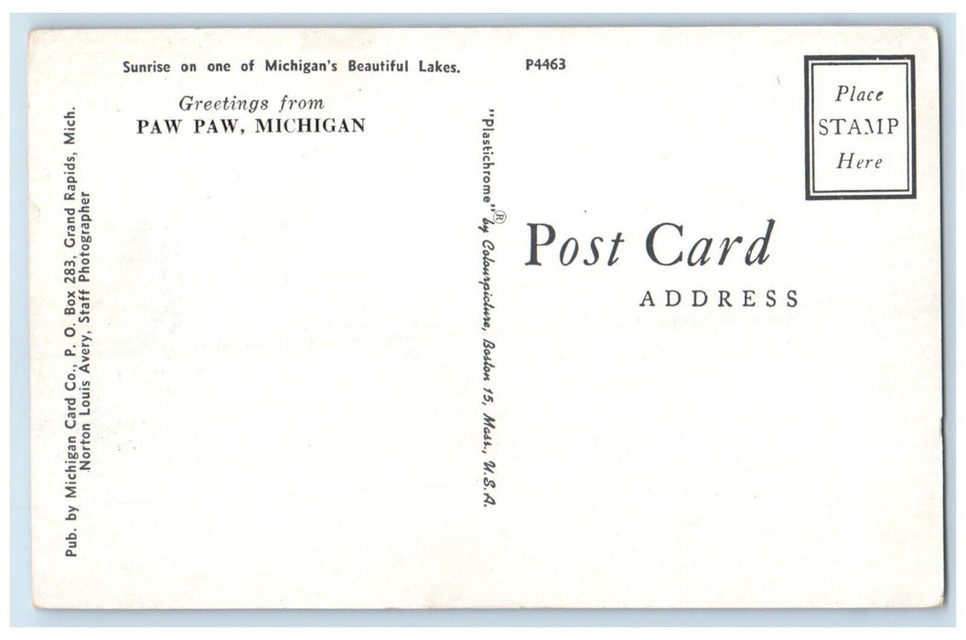 Greetings From Paw Paw MI, Sunrise On One Of Michigan's Lakes Vintage Postcard