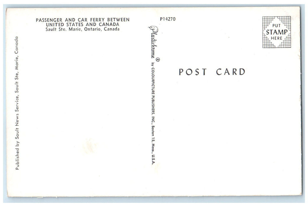 c1950's Passenger and Car Ferry Between United States and Canada Postcard