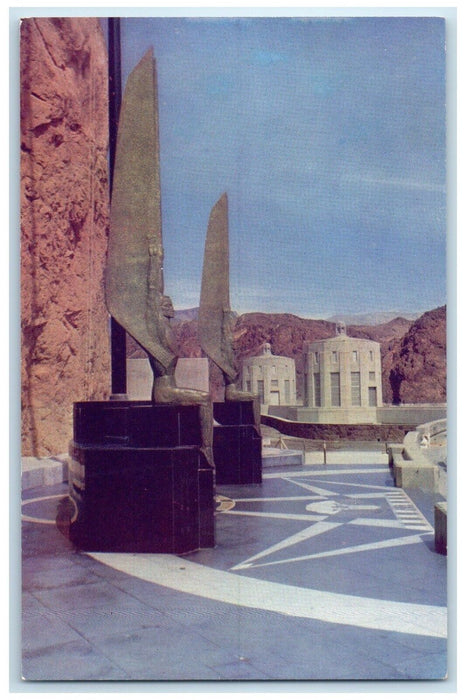 c1960 Figures Republic Identical Winged Figures Solid Bronze Hoover Dam Postcard