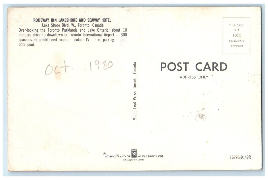 1980 Seaway Hotel Rodeway Inn Lakeshore Toronto Ontario Canada Postcard