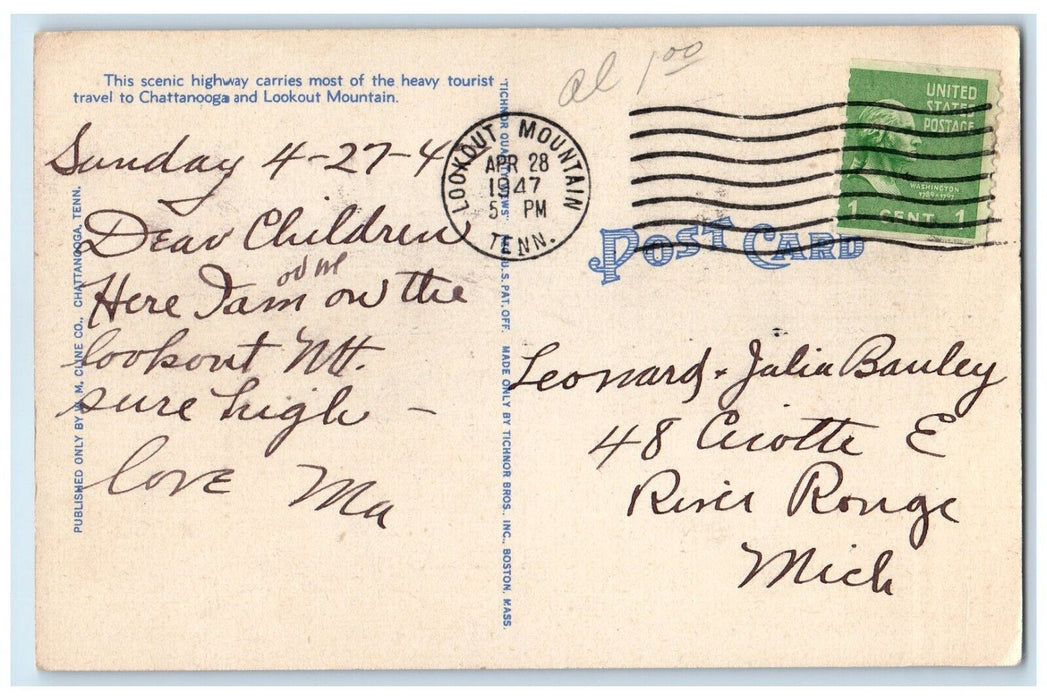 1947 Highways Across Lookout Mountain Road Street Chattanooga Tennessee Postcard