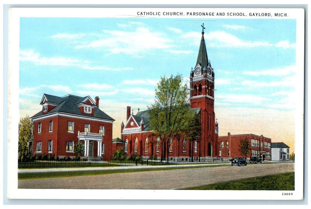 c1940 Catholic Church Chapel Parsonage School Exterior Gaylord Michigan Postcard