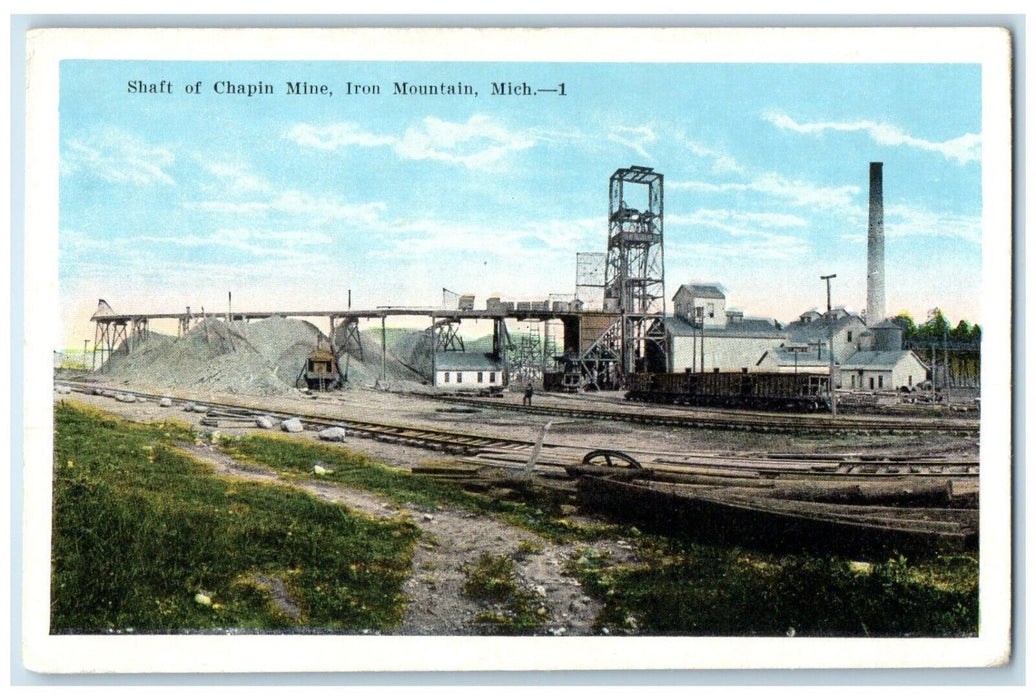 c1920 Shaft Chapin Mine Exterior Building Rail Iron Mountain Michigan Postcard