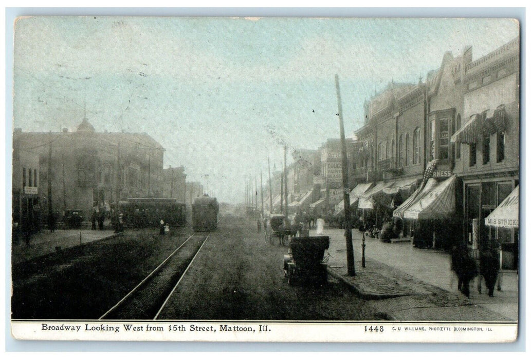 1909 Broadway Looking West Street Streetcar Trolley Mattoon Illinois IL Postcard