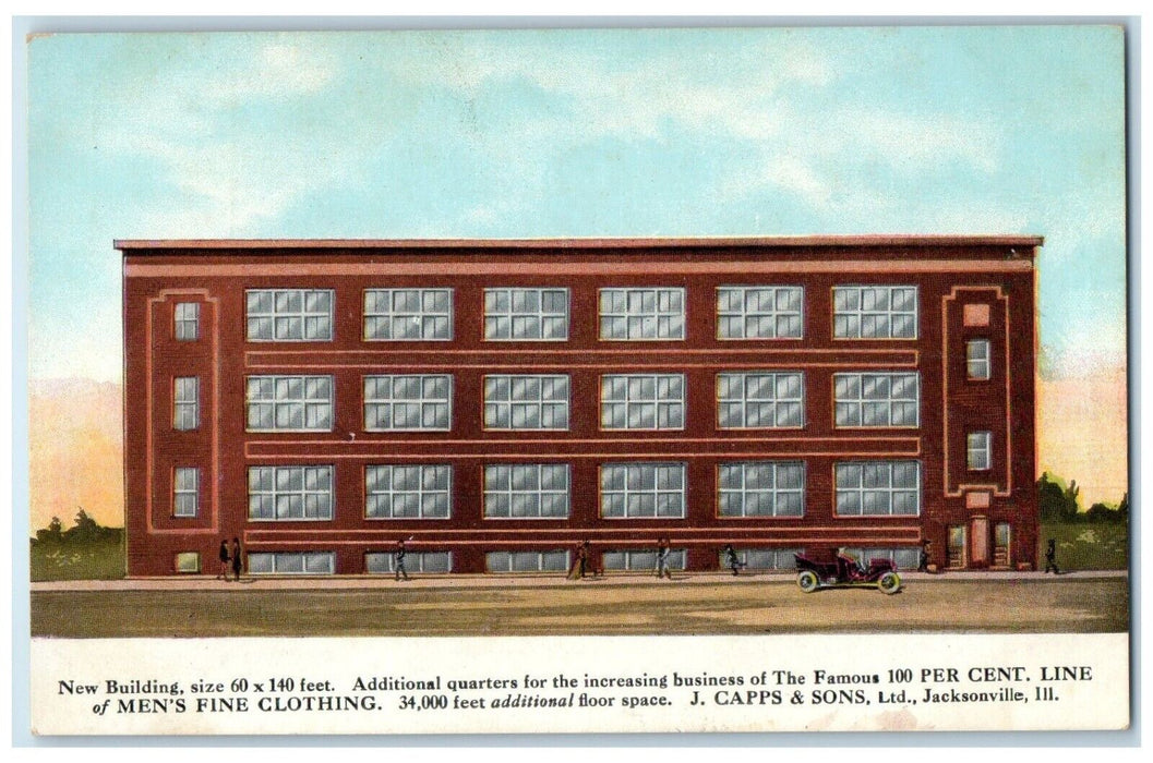 c1910 New Building Cent Line Men's Fine Clothing Jacksonville Illinois Postcard