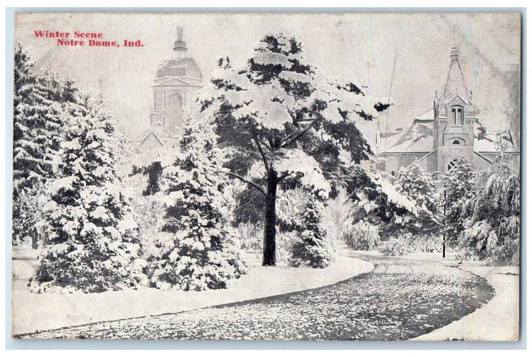 1909 Winter Scene Snow Road Street Exterior Building Notre Dame Indiana Postcard