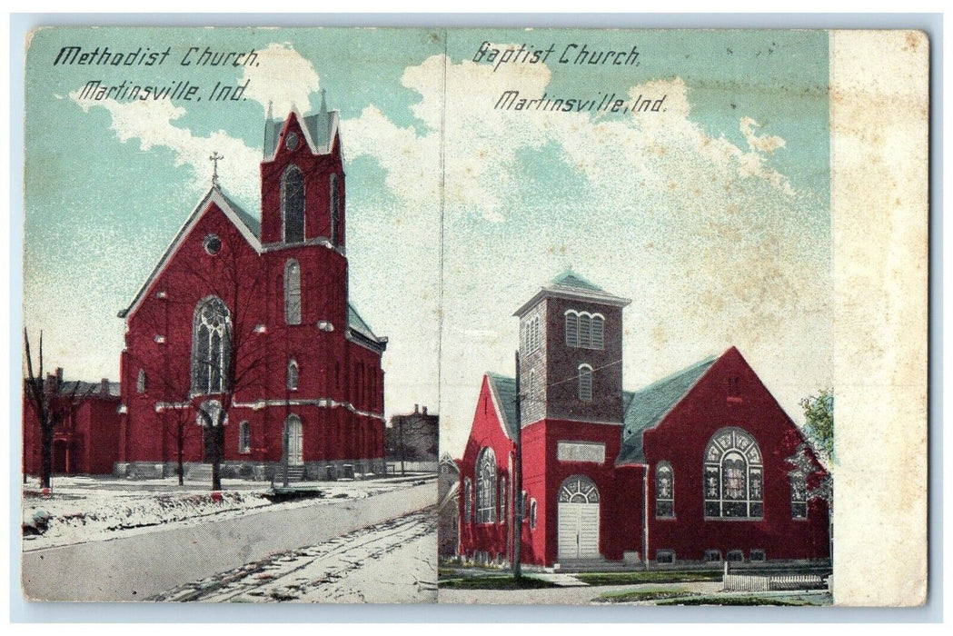 c1910 Methodist Church Baptist Church Martinsville Indiana IN Vintage Postcard