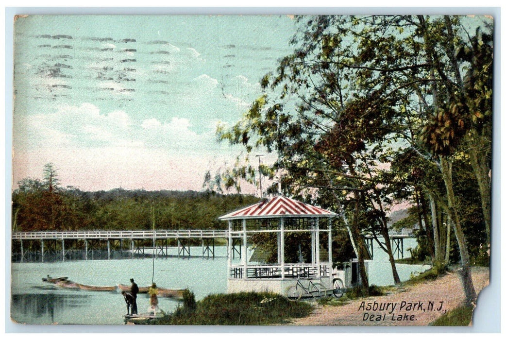 1908 Scenic View Deal Lake Bridge Boat Bicycle Asbury Park New Jersey Postcard