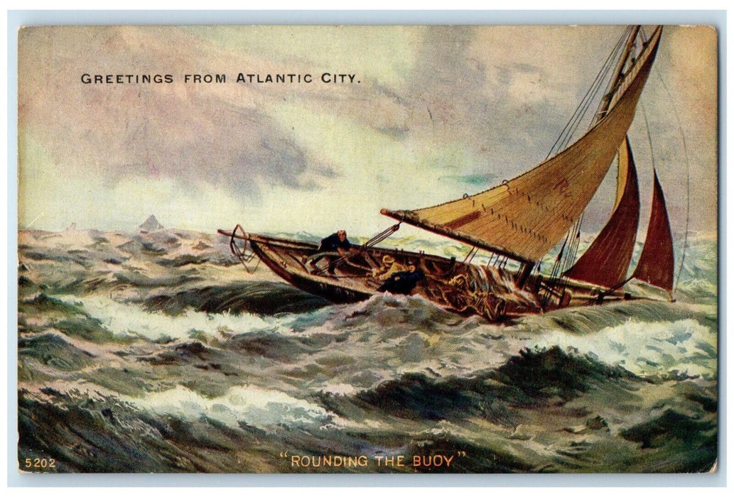 1909 Greetings From Atlantic City New Jersey NJ Rounding Buoy Sailboat Postcard