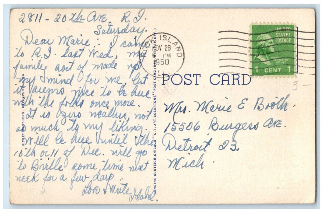 1950 New Centennial Bridge Between Davenport Iowa Rock Island IL Posted Postcard