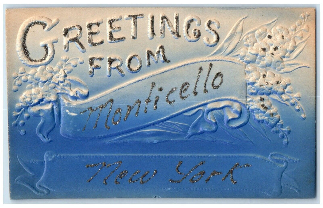 c1910's Greetings From Monticello New York NY, Airbrushed Glitter Postcard