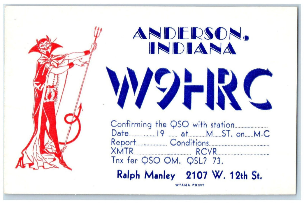 Anderson Indiana IN, Devil W9HRC QSL Ham Radio Unposted Vintage Postcard