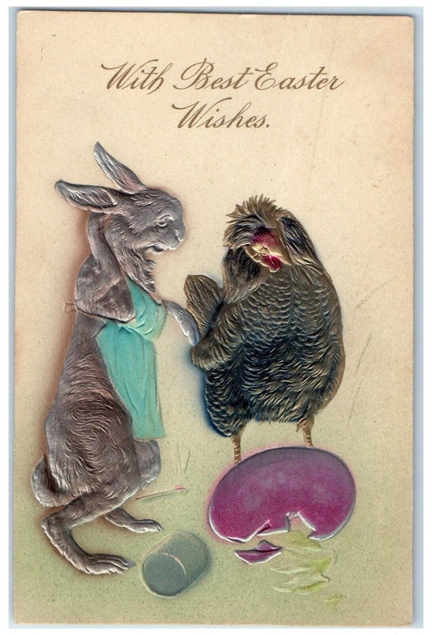 c1910's Easter Wishes Rabbit Rooster Chicken Egg Hatched Embossed Postcard