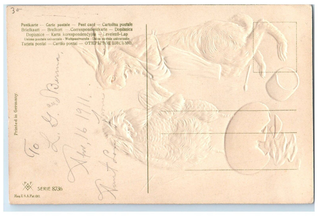 c1910's Easter Wishes Rabbit Rooster Chicken Egg Hatched Embossed Postcard