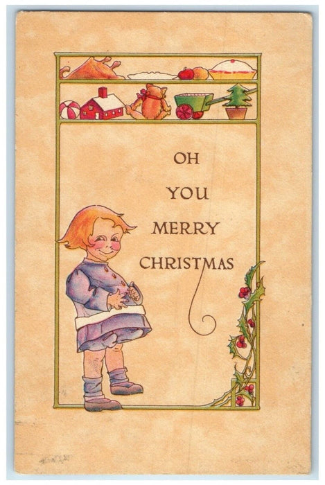 1918 Merry Christmas Arts Crafts Raymond Howe Holly Berries Mears MI Postcard