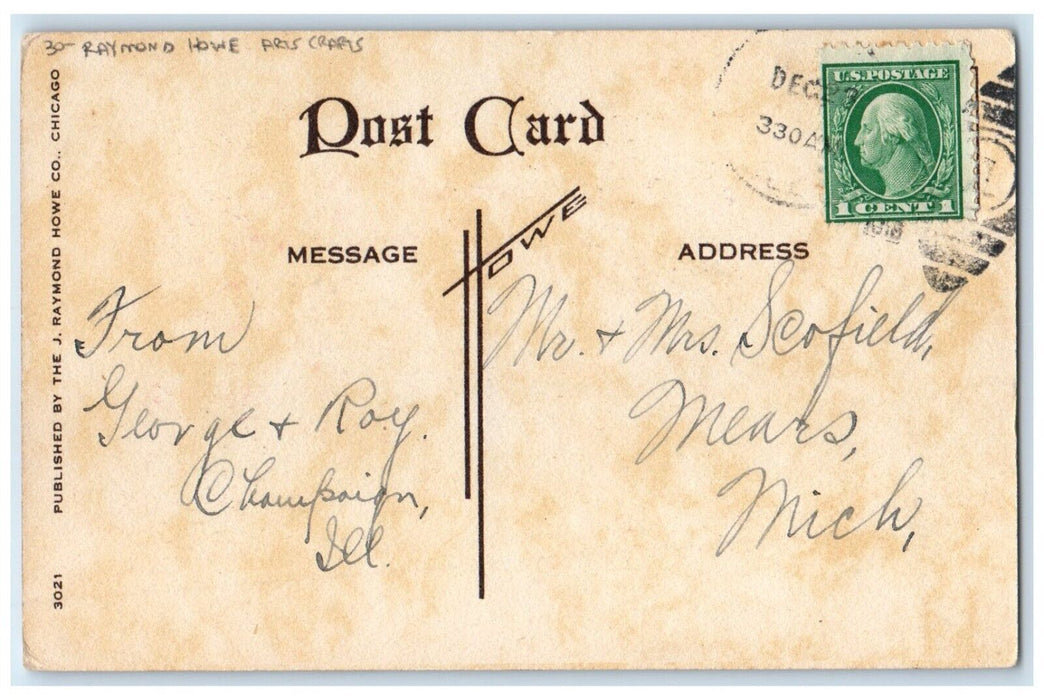 1918 Merry Christmas Arts Crafts Raymond Howe Holly Berries Mears MI Postcard