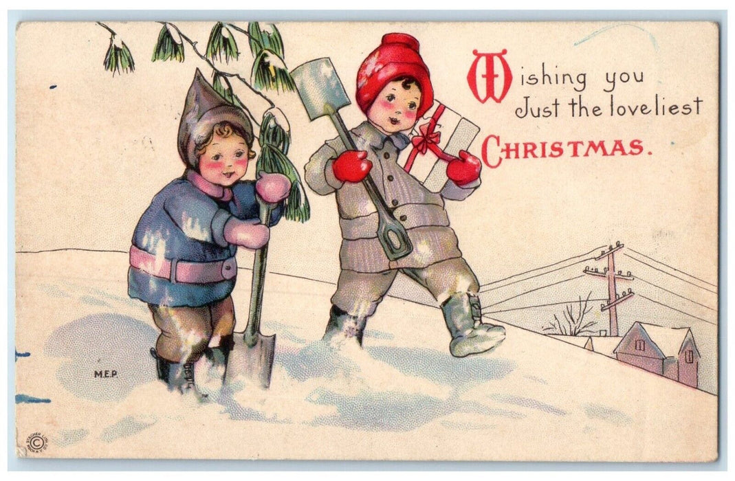 1921 Christmas Children In Winter Shovel Holding Gift Little Suamico WI Postcard