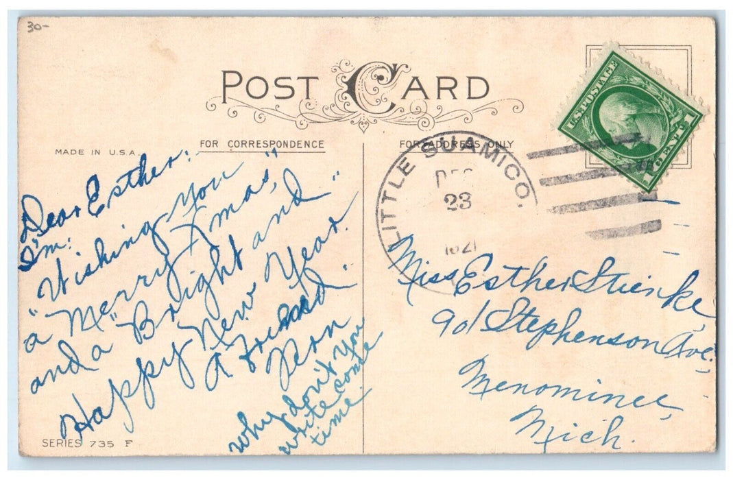 1921 Christmas Children In Winter Shovel Holding Gift Little Suamico WI Postcard