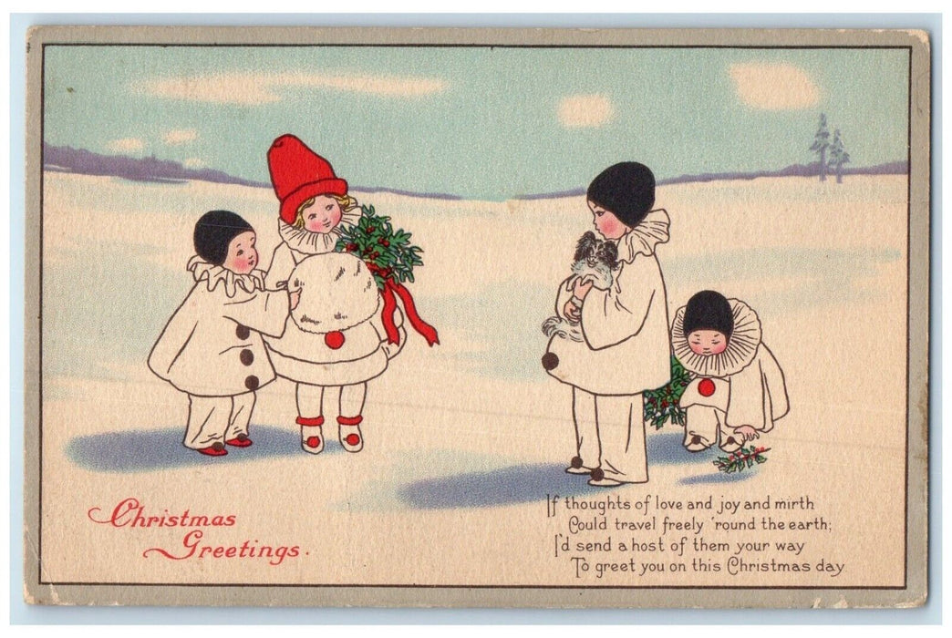 1937 Christmas Greetings Children Handwarmer In Winter Holly Berries Postcard