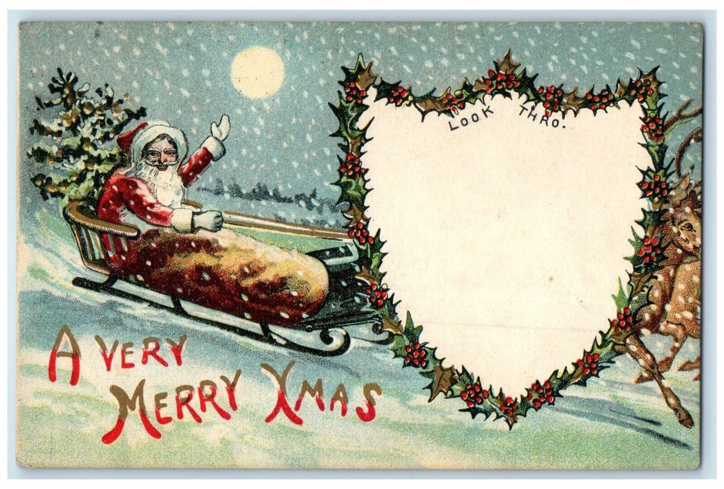 1910 Christmas Santa Claus Sledding Snowfall Berries HTL Hold To Light Postcard