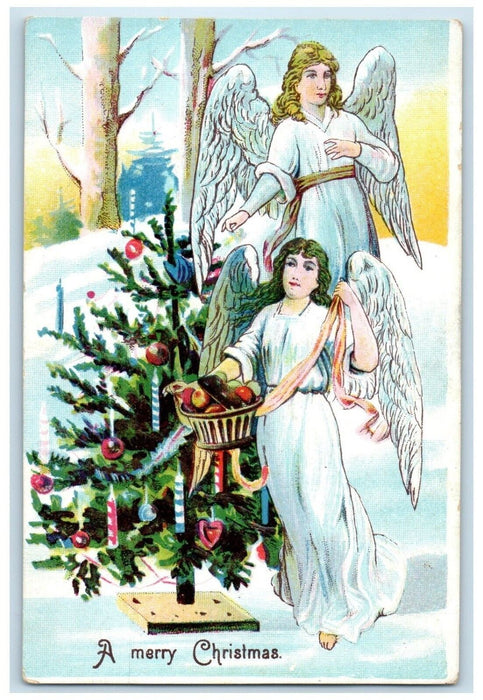 1909 Christmas Tree Angels Decorating Winter Embossed Posted Antique Postcard