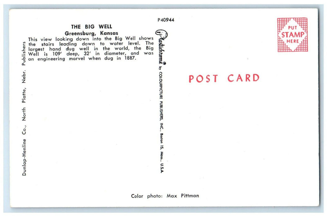 c1960 View Looking Down Big Well Stairs Greensburg Kansas KS Unposted Postcard
