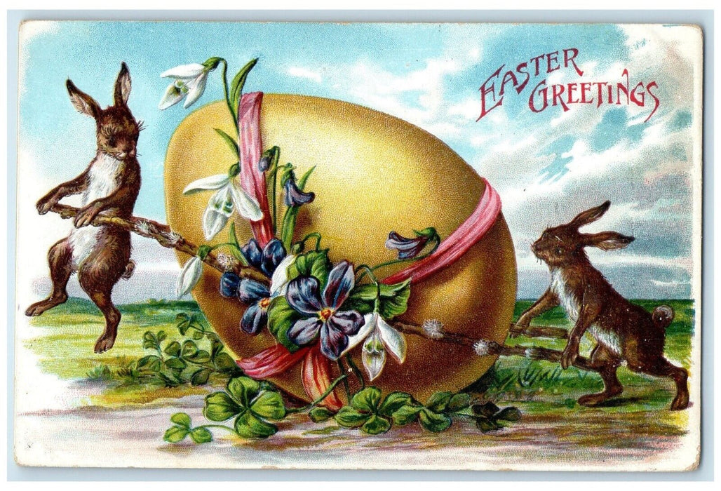 c1910's Easter Greetings Rabbits Giant Egg Flowers Shamrock Embossed Postcard