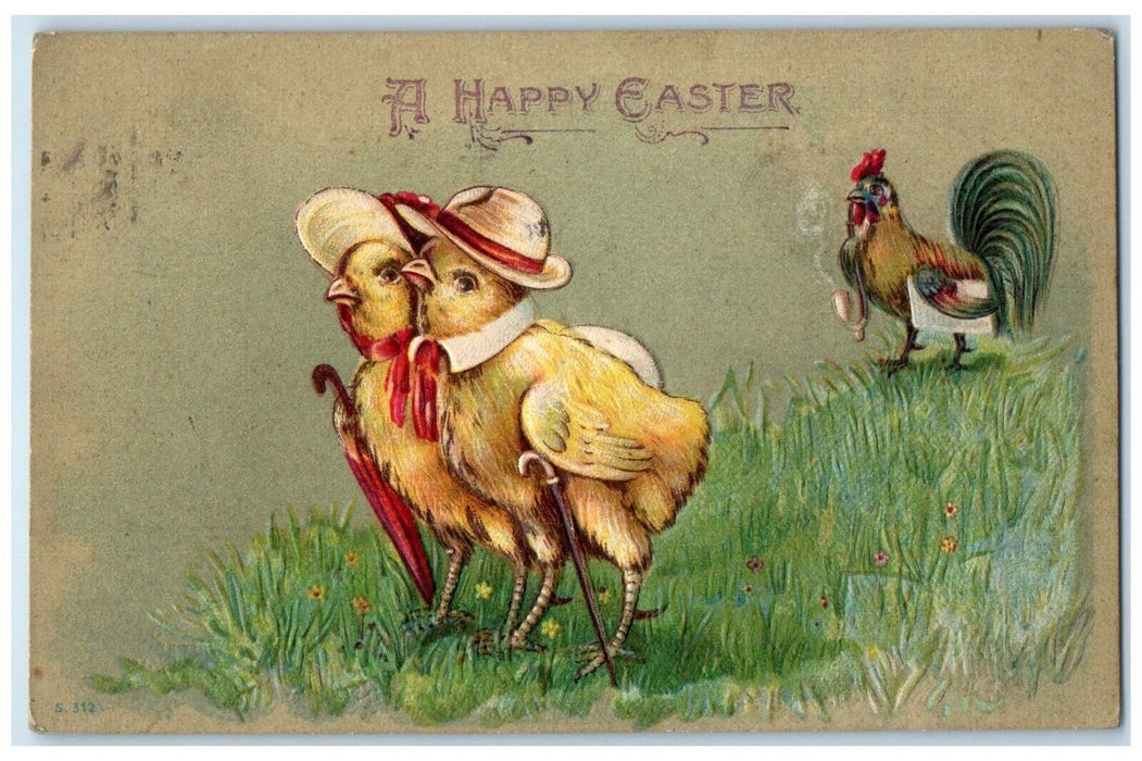 1908 Easter Anthropomorphic Chicks Rooster Smoking Pipe Embossed Posted Postcard