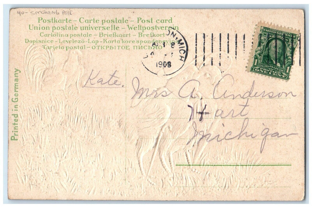1908 Easter Anthropomorphic Chicks Rooster Smoking Pipe Embossed Posted Postcard