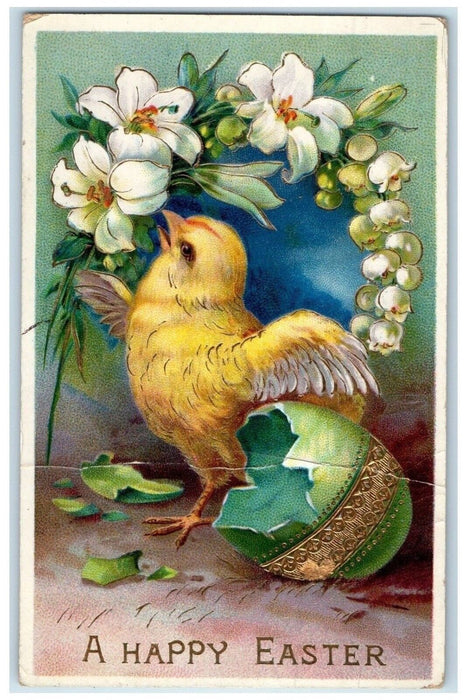 1912 Easter Hatched Egg Chick Lily Flowers Gel Gold Gilt Scottville MI Postcard